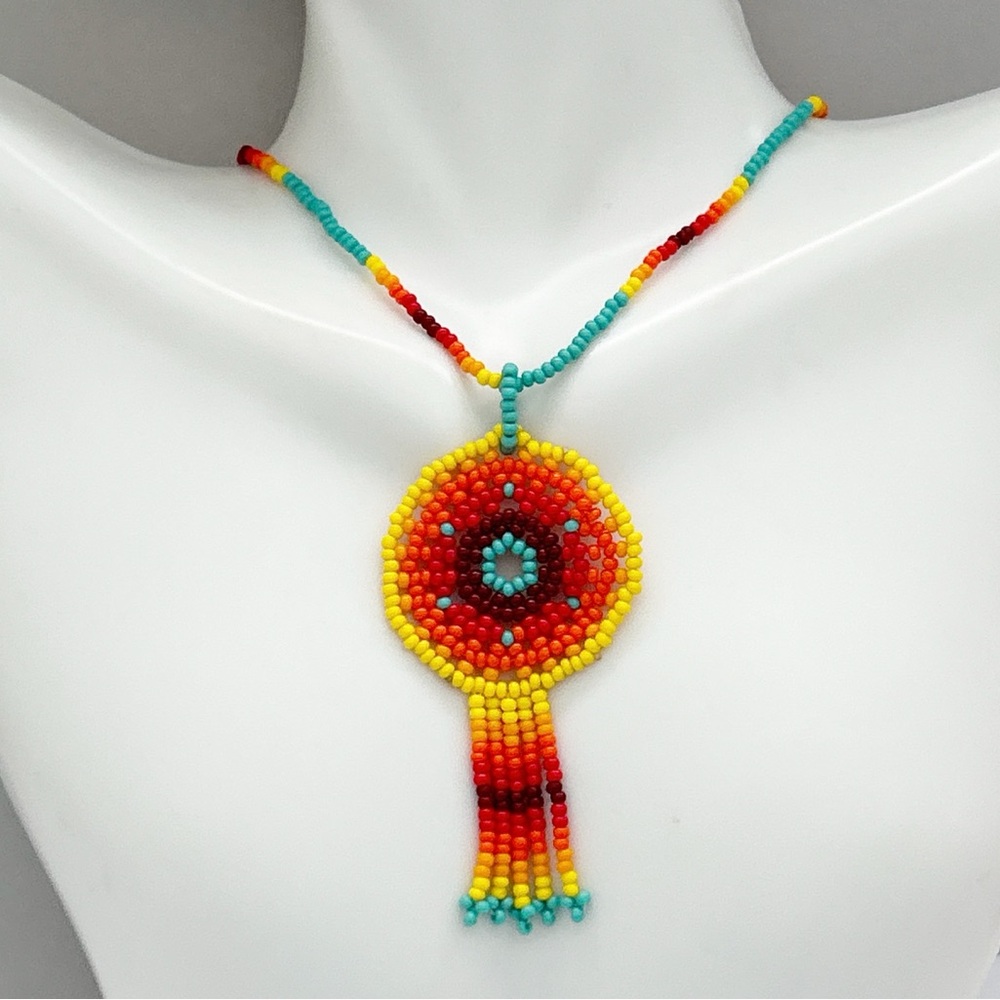 Striking Colorful Beaded Medallion Necklace